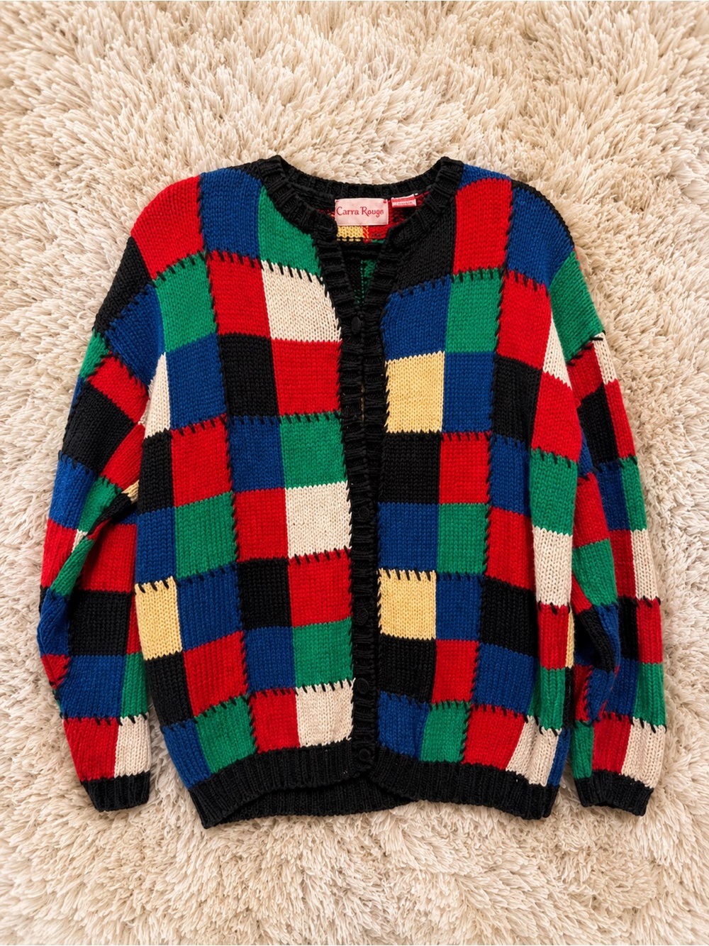 Vintage carroll Reed Multicolor Checker Knit Cardigan Red/Green/Blue/Black/Cream